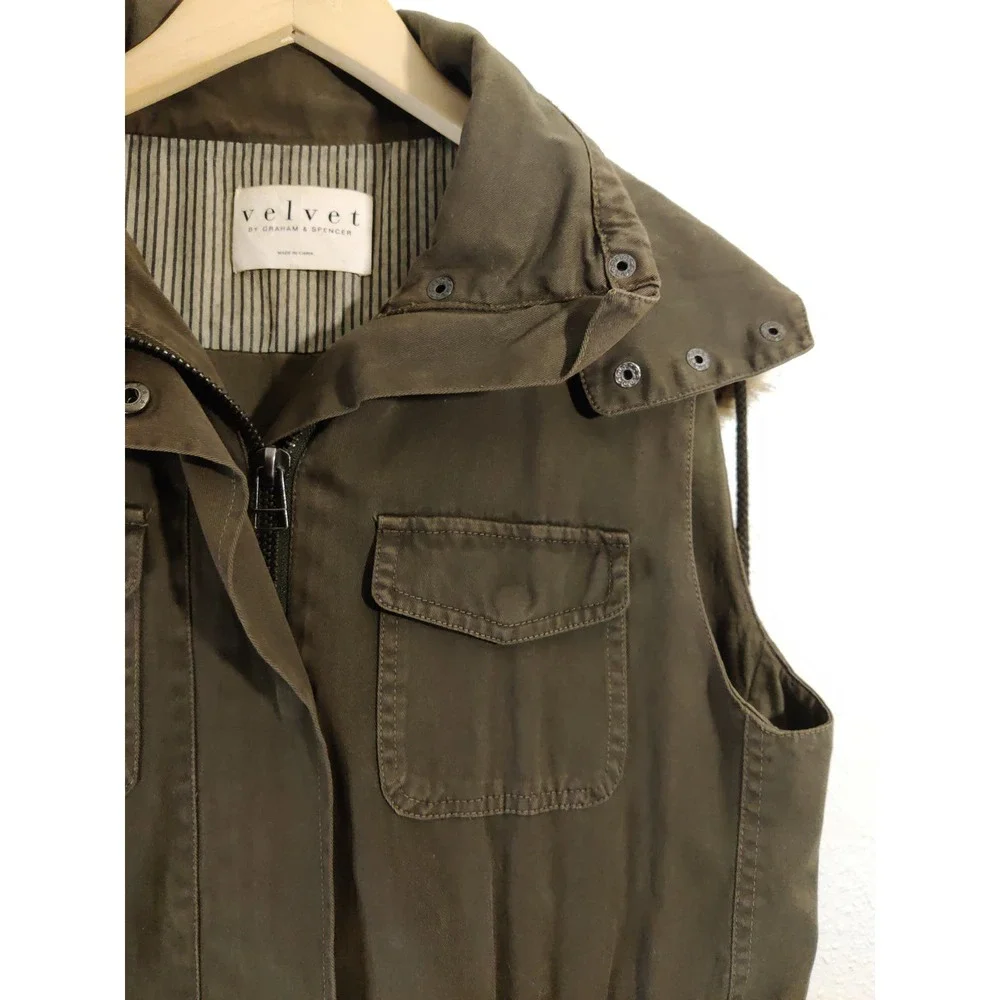 3/$20 Velvet By Graham Spencer Womens Green Fur Hoodie Full Zip Utility Vest S - Picture 3 of 12
